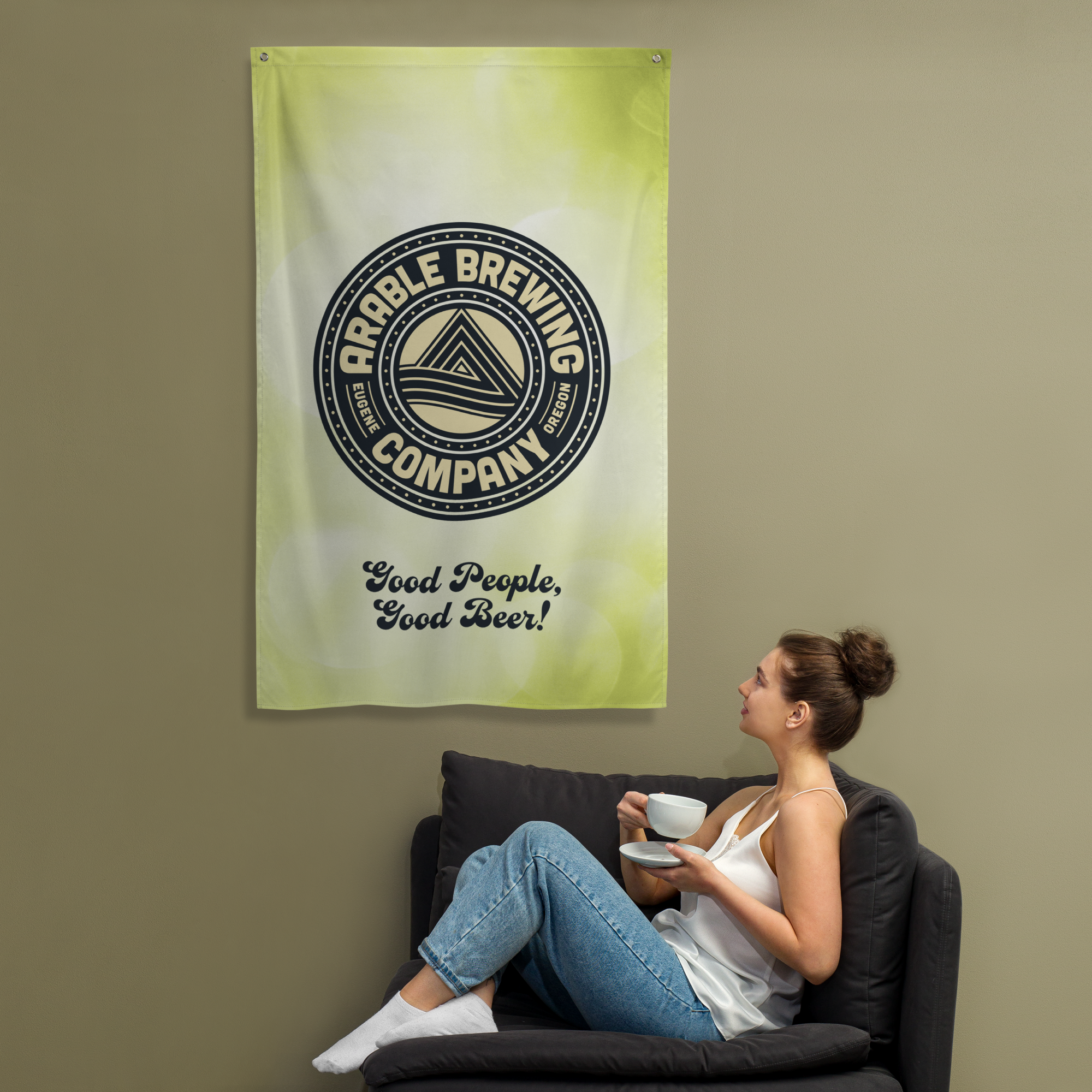 Large Flag | 34' x 56" | Premium Light Green | Round "Good People Good Beer"